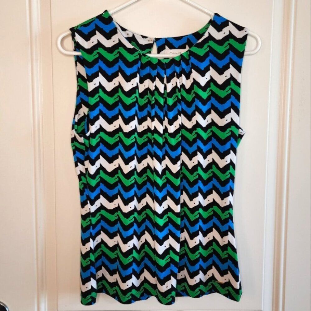 Calvin Klein Sleeveless Pleat Neck Sleeveless Top Large Multi Green Blue Black